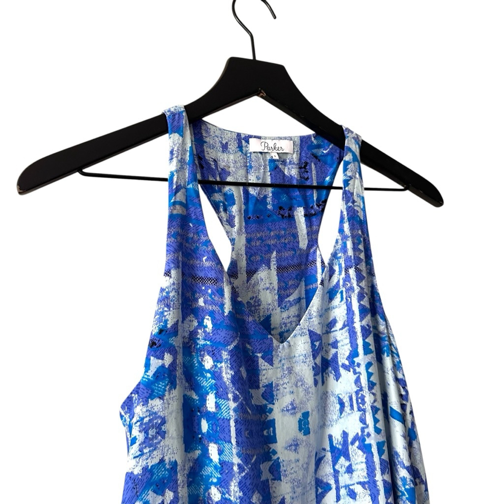 Parker Silk Dress Blue Abstract Racerback Hi-Lo Ruffle Size S - Picture 2 of 8